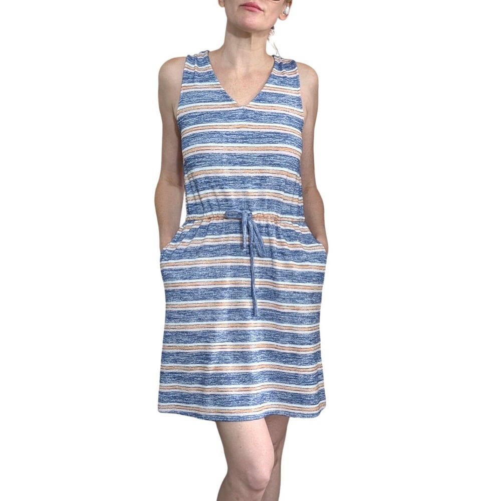 Market & Spruce Striped Knit Dress Sleeveless Drawstring Waist Pockets Coastal S